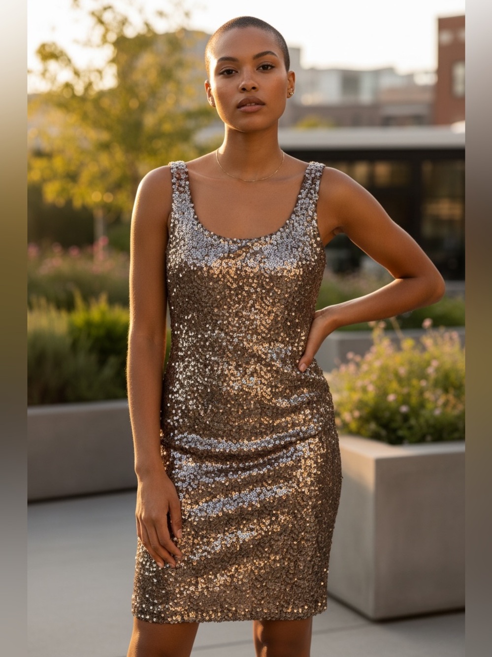 Laundry Metallic Brown/Tan Sequin Scoop Neck Dress